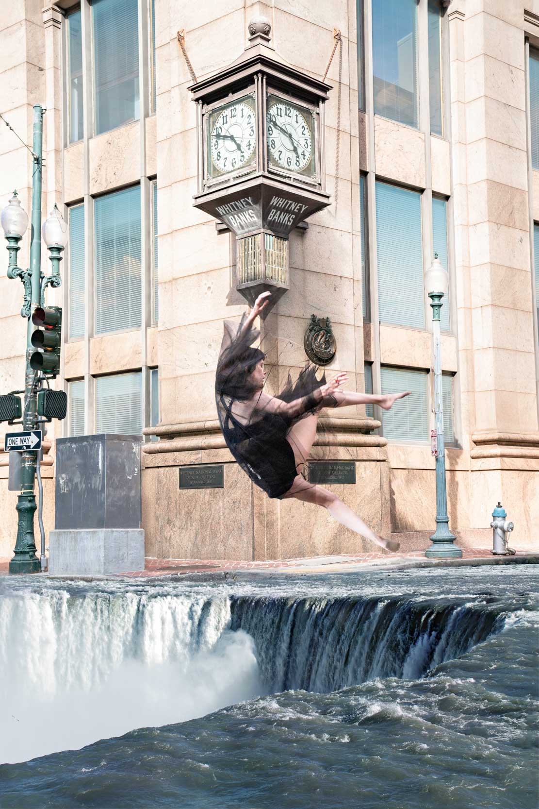 Graphic artwork of woman falling into waterfall in downtown New Orleans