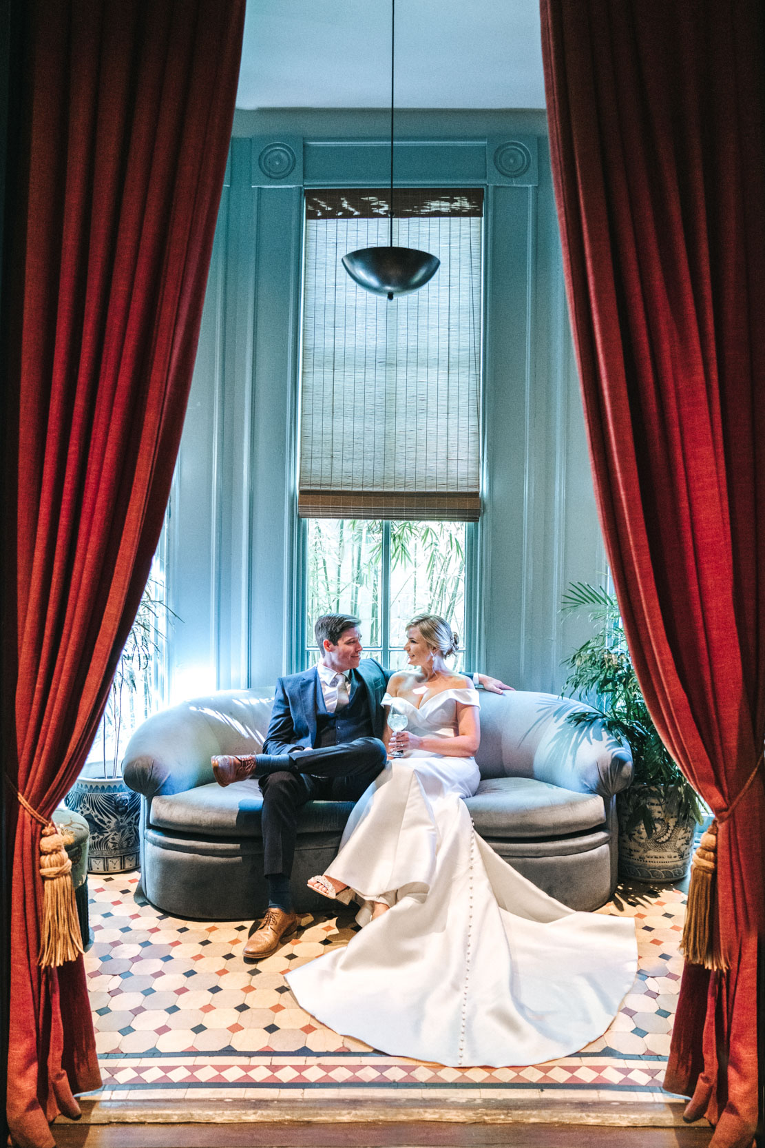 Bride and Groom relaxing before their vows at Hotel Chloe in New Orleans
