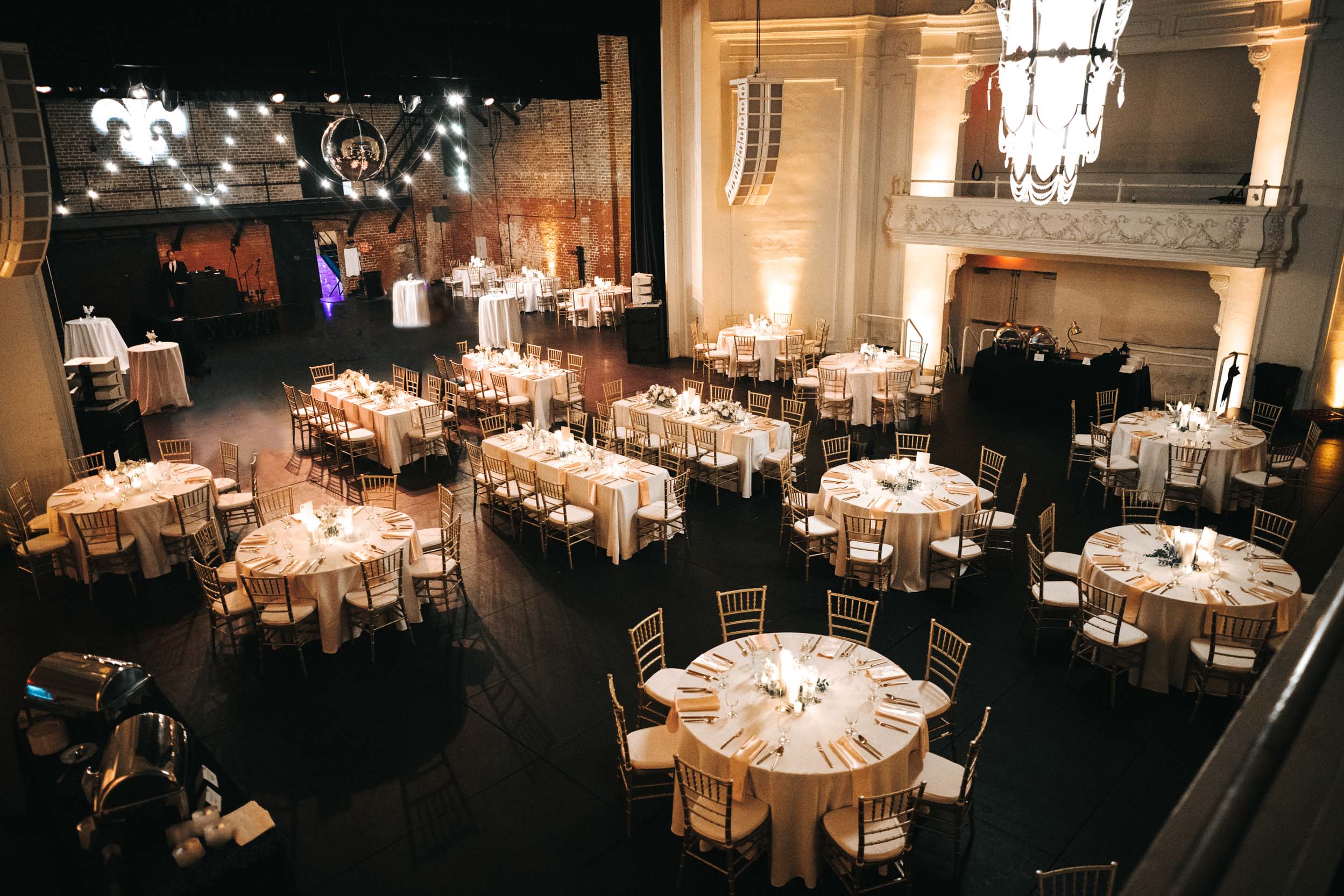 tables and decor of wedding reception at Civic Theater in New Orleans